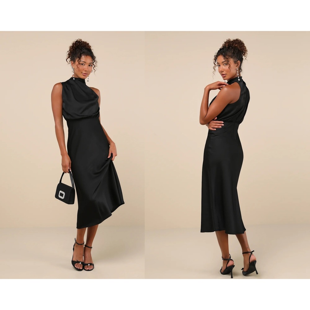 Lulus Distinctive Charm Black Satin Asymmetrical Midi Dress Size Medium
